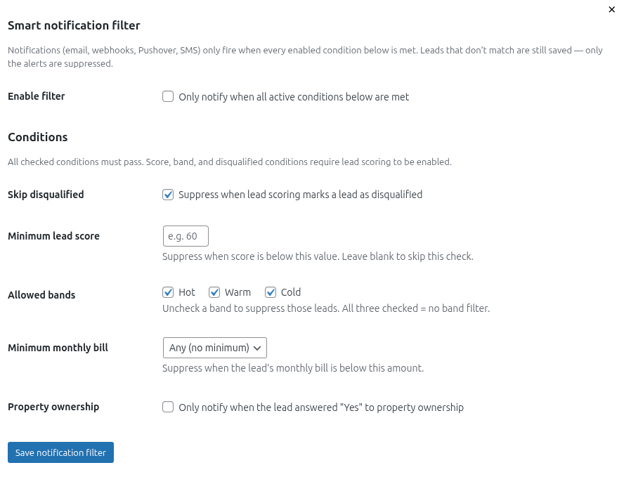 Lead filtering rules and score thresholds